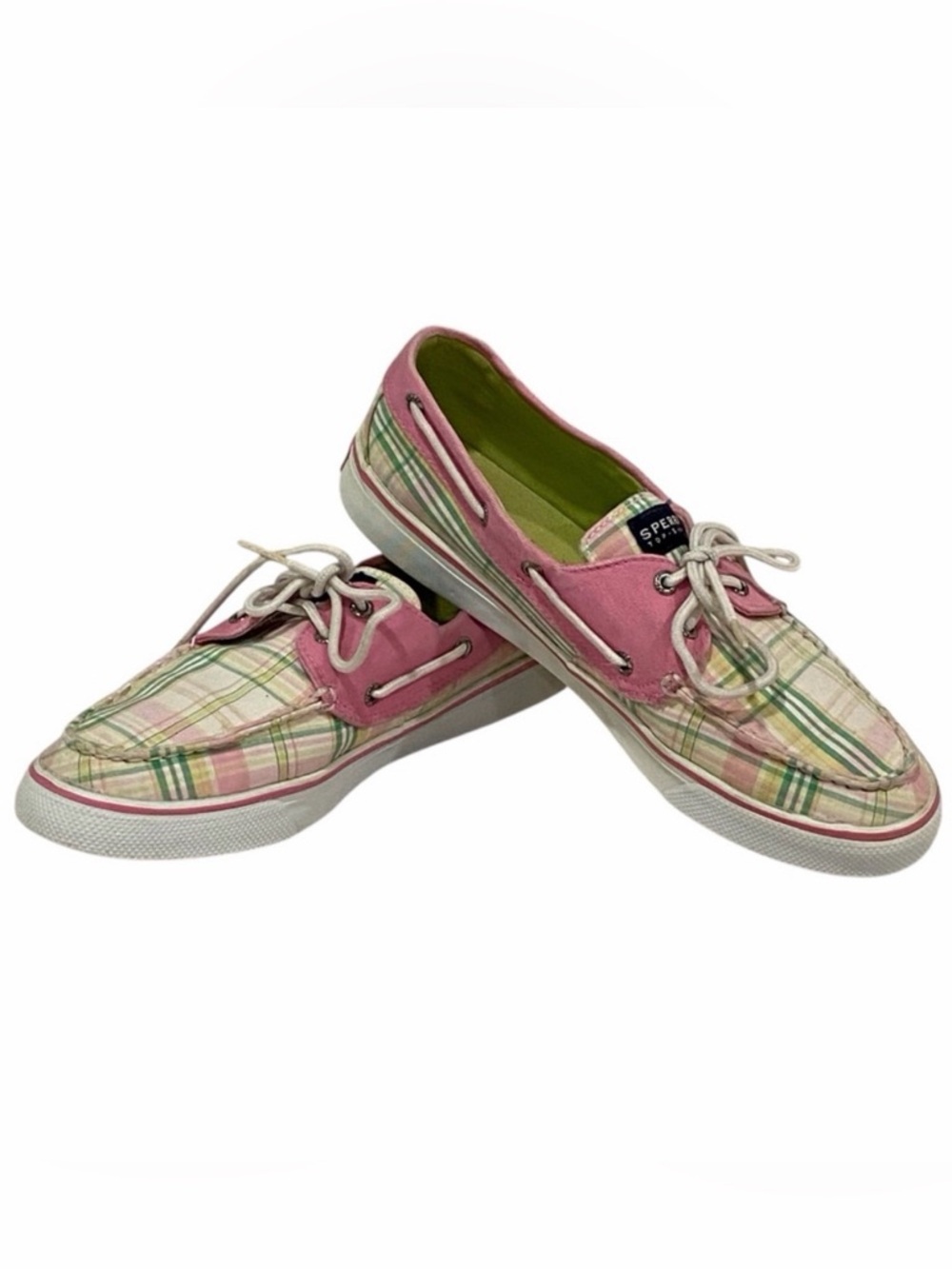 Sperry Preppy Green White Pink Plaid Boat Shoes - VGC - Women’s 9.5